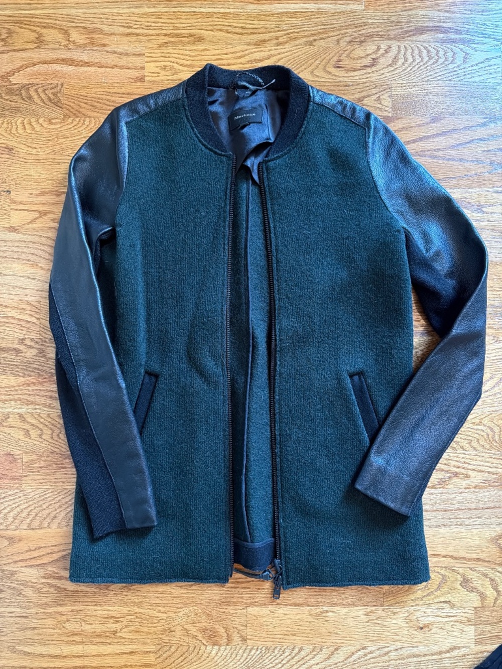 Mackage Jacket Green Wool Black Leather Sleeves Riped